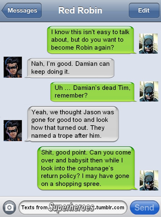 Illustration for article titled Robin’s Got a Point in These Hilarious Superhero Texts